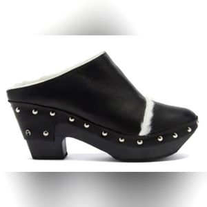 New Etienne  Aigner Shearling Studded Clogs Leather Black Mules
